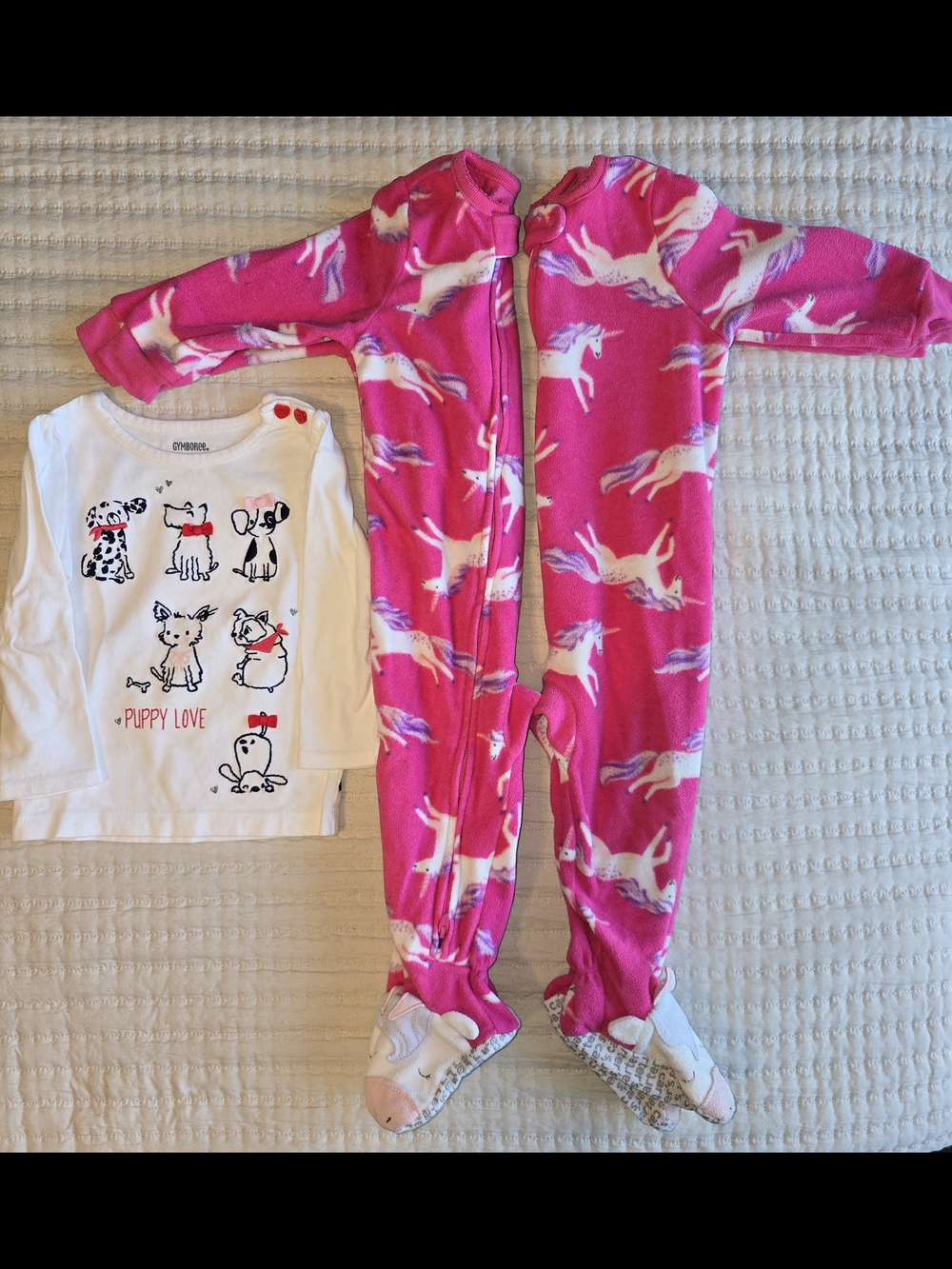 Carter's Hot Pink Unicorn Fleece Footed Pajama × 2. Gymboree Puppy Love Tee.